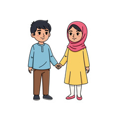 Obraz premium Cartoon illustration of a smiling Muslim boy and girl holding hands together.