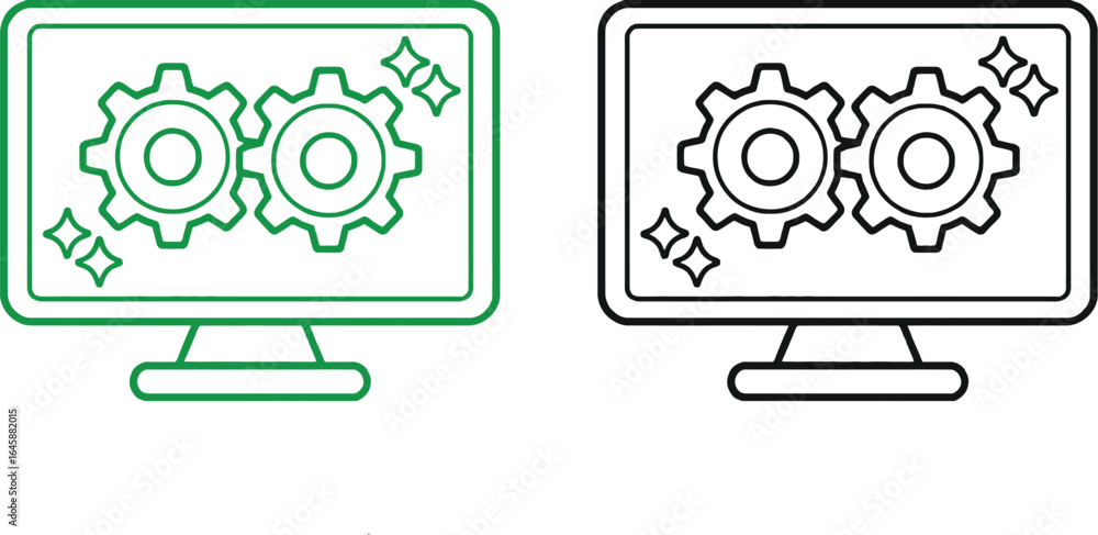 Poster two computer screen icons displaying gears and sparkles in green and black outline on a white backgr