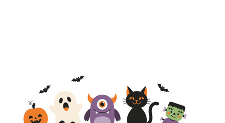 A colorful Halloween illustration featuring a pumpkin, ghost, monster, cat, and Frankenstein.