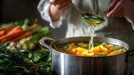 Chef carefully ladles fresh vegetable broth from a pot filled with vibrant carrots and celery