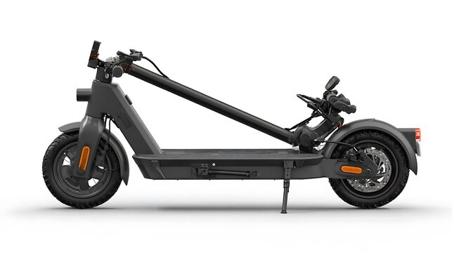 Modern dark gray electric scooter with foldable design and orange brake calipers
