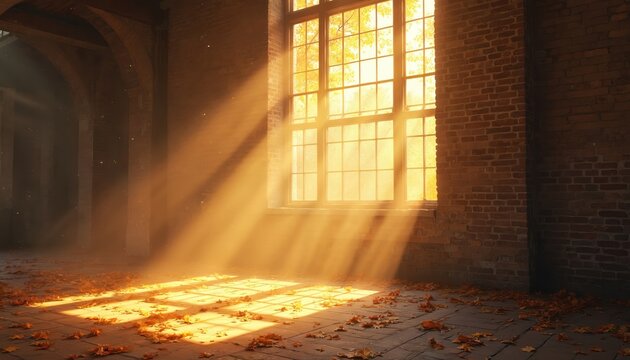 Sunbeams stream through large window of old brick building interior. Dust motes float in serene autumnal light. Fallen leaves cover floor. Grunge texture with golden hour glow creates peaceful