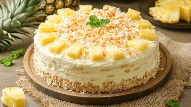 Delicious Tropical Pineapple Cake with Coconut Topping and Garnish