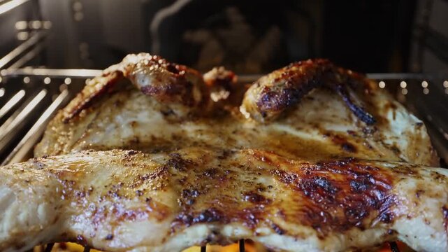 Ready-made chicken tabaka with potato cookies in the oven.