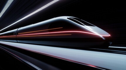 High-speed train gliding through a futuristic tunnel at night with glowing motion lines, physical motion cocnept 