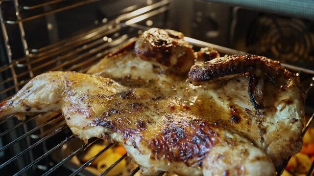 Ready-made chicken tabaka with potato cookies in the oven.