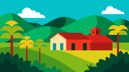 Fototapeta premium Summer rural landscape with houses, green hills, and trees in a cartoon vector illustration