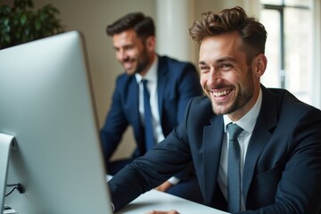 Fototapeta premium Businessman Joyfully Doing Squats in Professional Attire at Office Desk