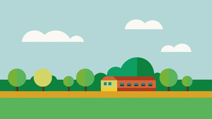 A colorful cartoon vector illustration of a summer village landscape with a few houses and trees under a bright blue sky