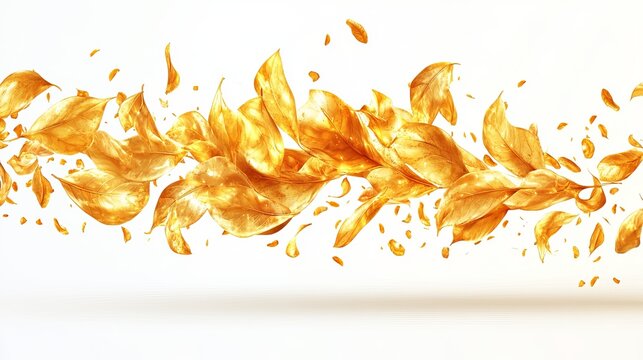 A dynamic stream of golden leaves, some whole, some fragmented, floats against a white backdrop. The leaves appear to be in motion, creating a sense of energy and flow