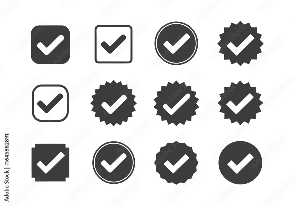 Poster collection of twelve checkmark icons in various shapes and styles, isolated on white background