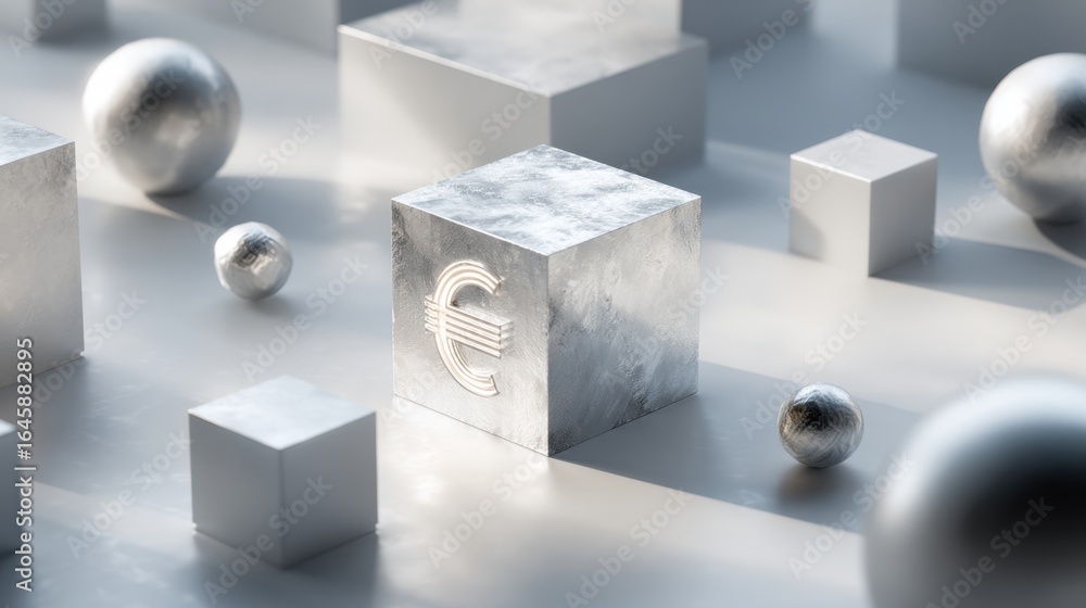 Poster abstract financial concept with 3d silver cube featuring euro symbol surrounded by spheres and cubes