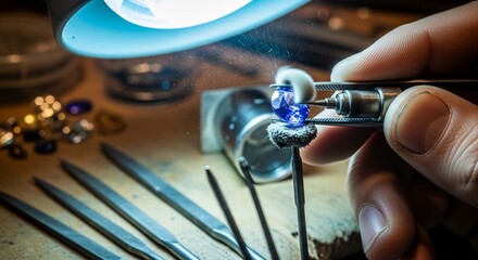Close-up of a Jeweler Polishing a Brilliant Blue Sapphire Gemstone with Precision Tools