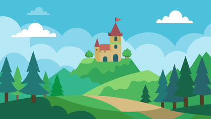 A colorful cartoon vector illustration of a fantasy castle on a hill with a charming rural village nestled below