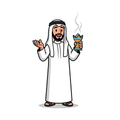 Smiling cartoon Arab man in traditional thobe and ghutra holding a smoking mabkhara.