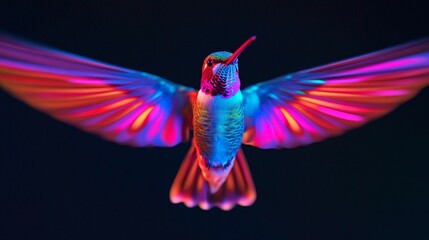 Obraz premium Colorful hummingbird flapping its wings captured in a high-speed motion against a dark background