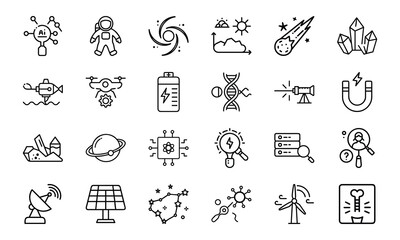 24 Science and Technology Line Icons Artificial Intelligence, Space, Astronomy, Renewable Energy, Laboratory, Drone, Solar, Magnet, Research, and Innovation Vector Icon Set