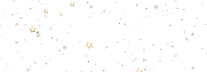 Elegant winter design with gold stars and silver snowflakes on white. Perfect for holidays.