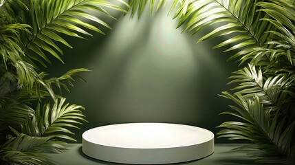 Serene Tropical Display round Podium with Lush Greenery and Soft Lighting