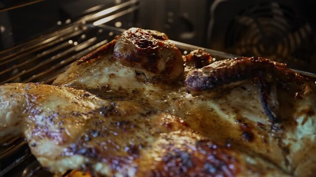 Ready-made chicken tabaka with potato cookies in the oven.