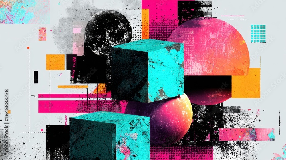 Poster abstract composition of geometric shapes in bold colors with textures and patterns, ideal for modern