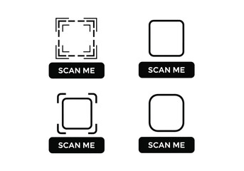 Four black and white icons with scan me buttons and qr code elements