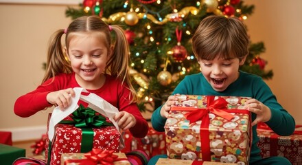 Two children opening Christmas presents in front of a decorated Christmas tree.