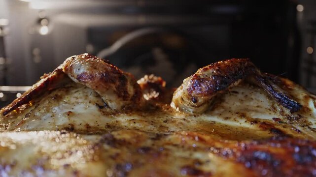 Ready-made chicken tabaka with potato cookies in the oven.