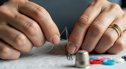 Close-up of Hands Meticulously Threading a Needle for Sewing, with Thimble and Colorful Buttons