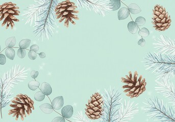 Winter Pinecones and Eucalyptus Seamless Pattern with Pine Branches on Light Blue Background for Seasonal Fabric, Wrapping Paper, and Holiday Design