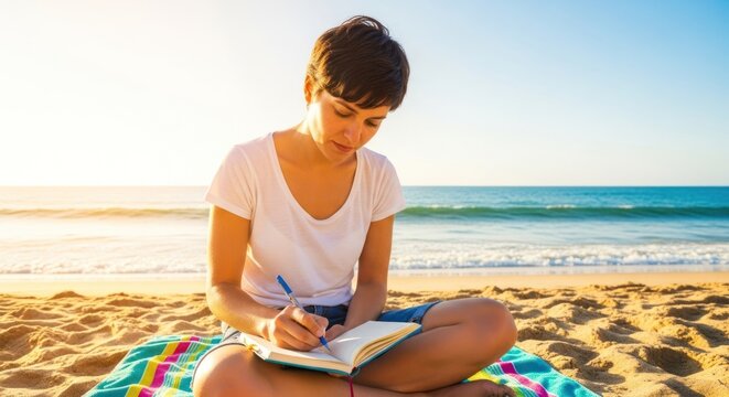 A young woman sitting on a beach, writing in a notebook.