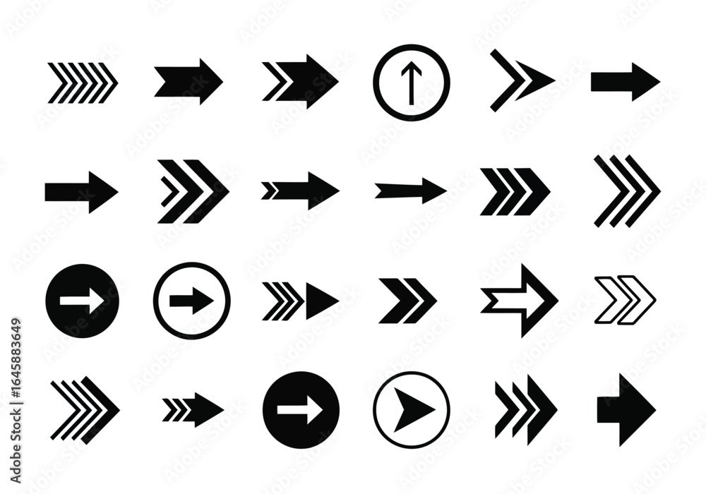 Poster a collection of various arrow symbols and icons indicating direction isolated on white background