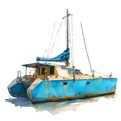 Naklejka premium Watercolor vector illustration of Catamaran, isolated on white background.