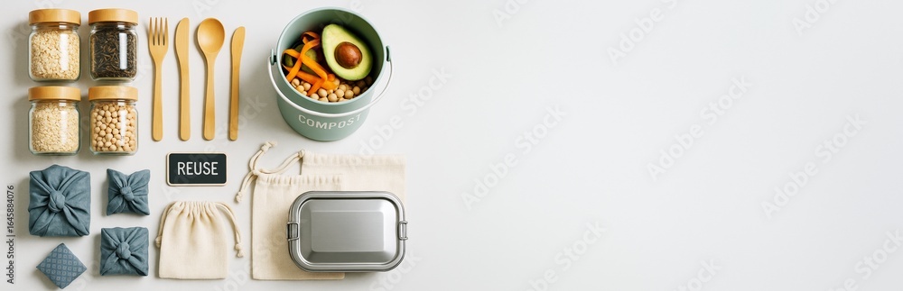 Poster zero waste lifestyle items neatly arranged with compost bin and reusable containers on light backgro