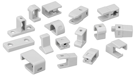 Collection of white plastic mounting brackets isolated on white background