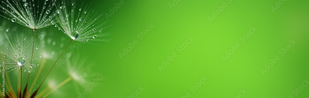 Poster close-up of dandelion seeds with water droplets on a vibrant green background with empty copyspace f