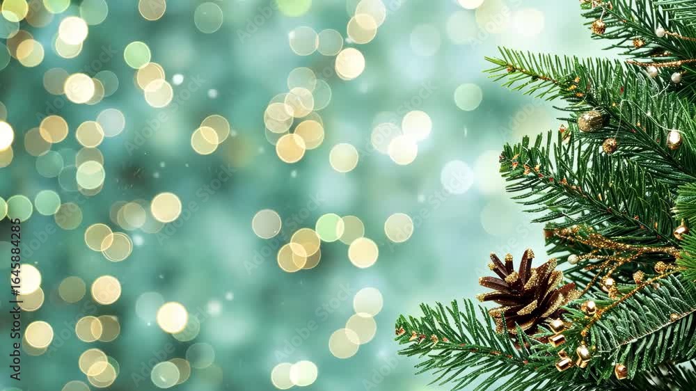 Poster glittering lights illuminate the background while evergreen branches add a touch of nature, evoking 