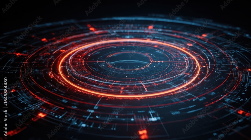 Poster abstract digital technology background with glowing circular patterns and intricate lines representi