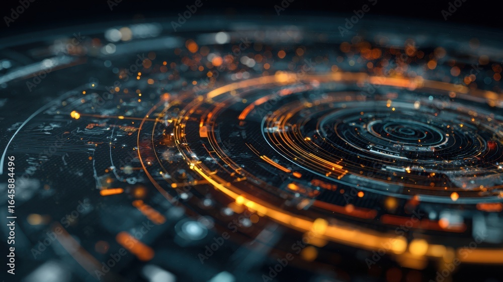 Poster futuristic abstract background with colorful circles and bright light trails representing data flow 
