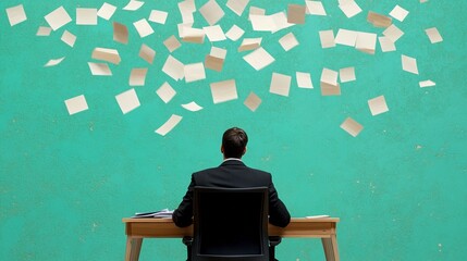 A stressed office worker overwhelmed with files flying off their desk, deadline pressure concept