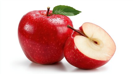 Red Apple with Leaf and Half Apple on White Background for Culinary, Health, and Decor Projects
