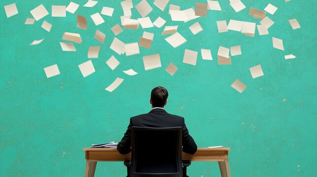 A stressed office worker overwhelmed with files flying off their desk, deadline pressure concept - Powered by Adobe