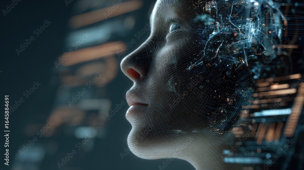 Poster futuristic digital portrait showcasing advanced technology integration, blending human features with