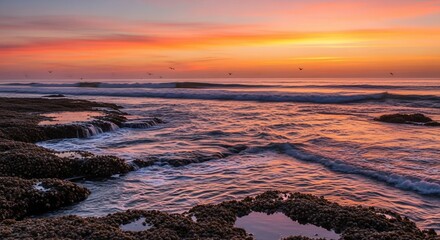 Coastal Sunset Serenity: Waves, Rocks, and Birds in Golden Light