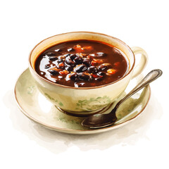 A watercolor painting of Black Bean Soup, vector illustration on white background.