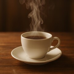 Steaming cup of coffee on wooden table