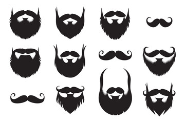A collection of diverse beard styles and mustache designs in black and white illustration