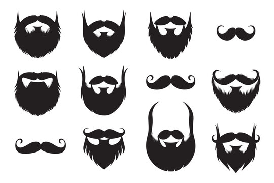 A collection of diverse beard styles and mustache designs in black and white illustration