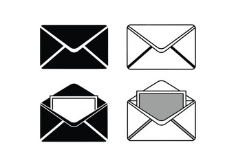 Set of four envelope icons showing open and closed mail, isolated on white background