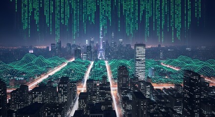Futuristic cityscape with digital matrix code overlay, symbolizing technology, artificial intelligence, and cyber networks in a modern urban environment at night
